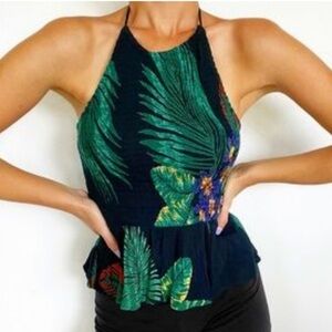 Patrons of Peace Tropical Smocked Peplum Halter Tank Top Small
